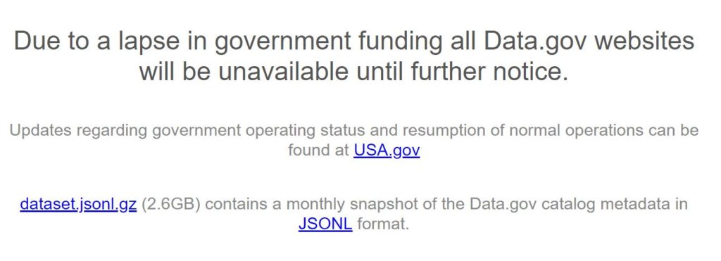 government shutdown notice impacting open data