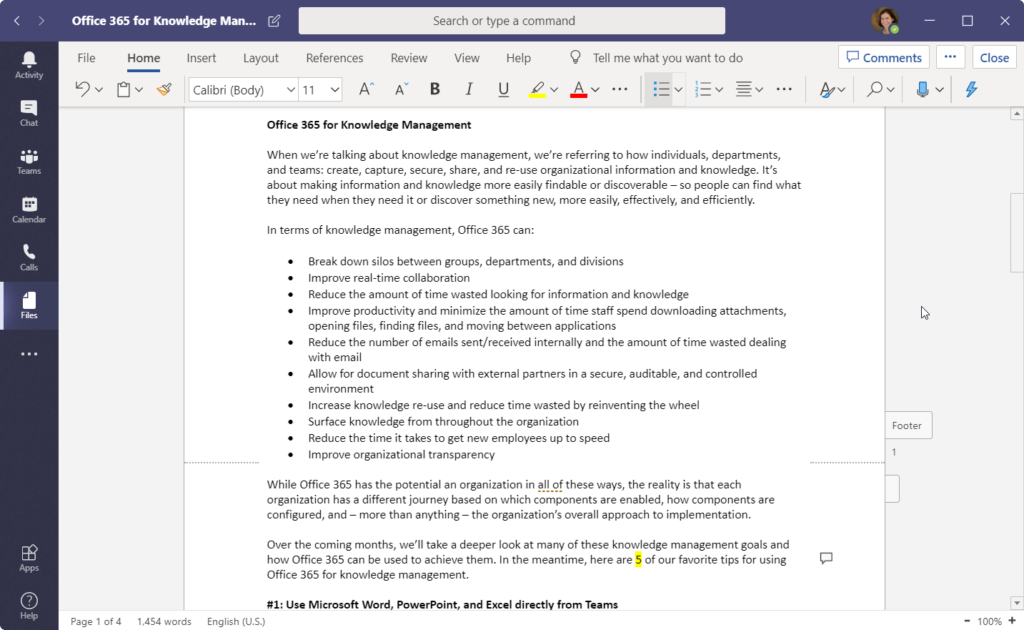 Office 365 for Knowledge Management -- Writing this article in Word via Teams