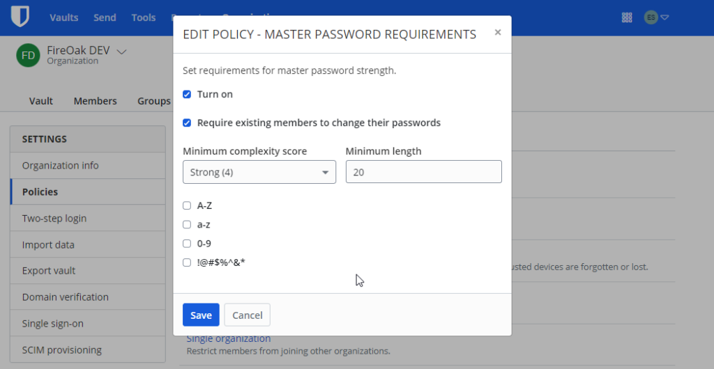 Recommended Bitwarden Settings - Master Password Requirements