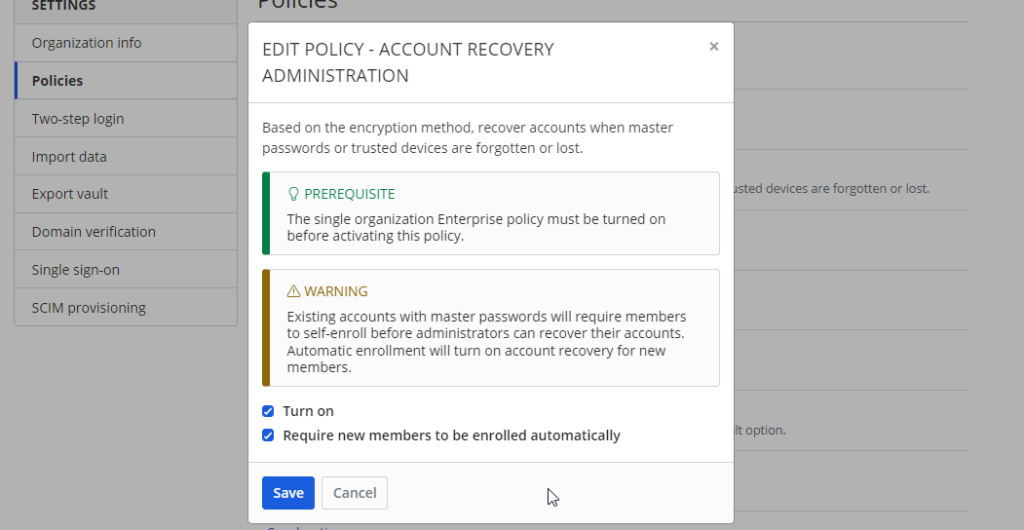 Recommended Bitwarden Settings - Account Recovery Enrollment